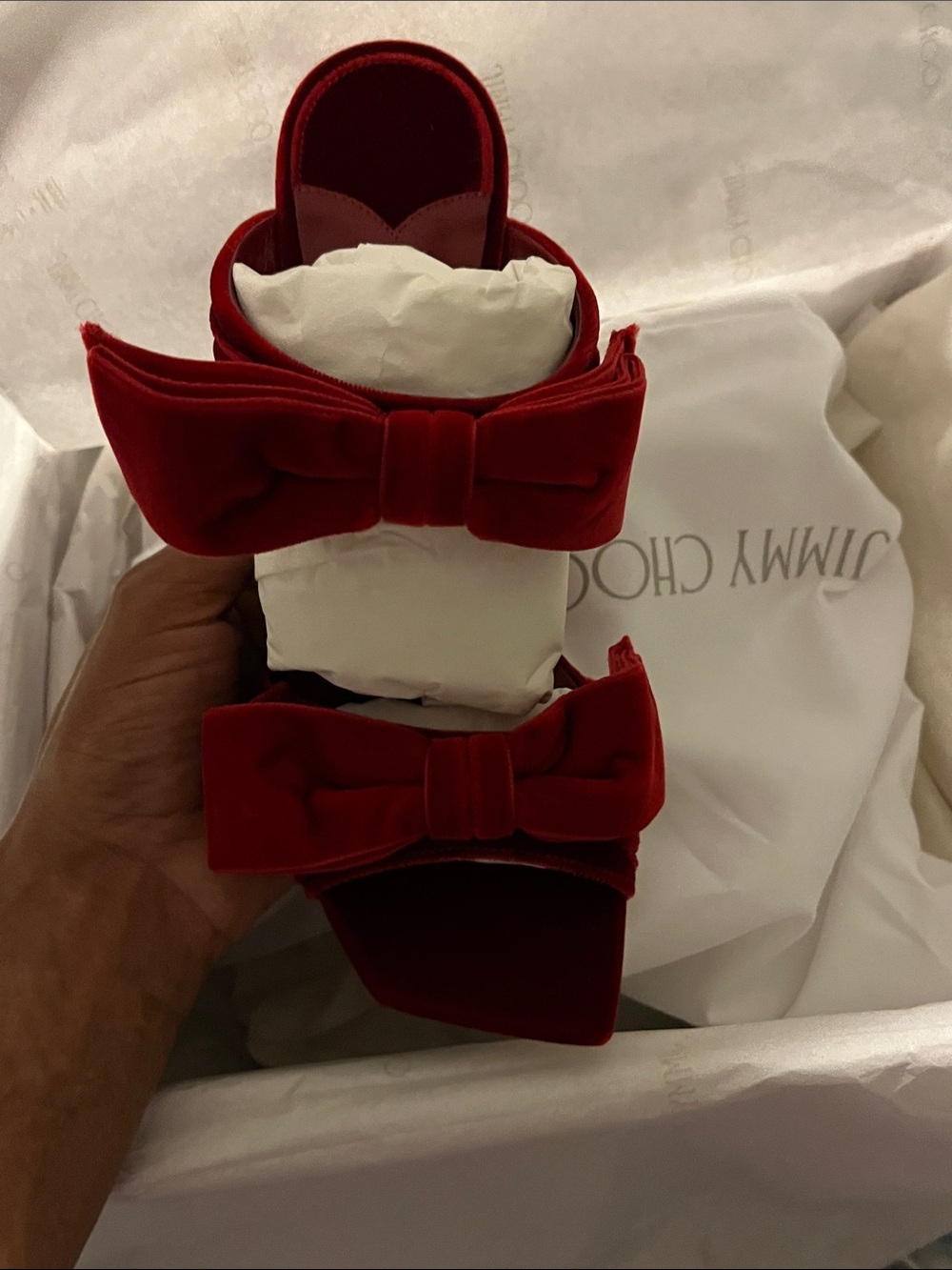 Jimmy Choo Red Velvet Double Bow Slide Sandals